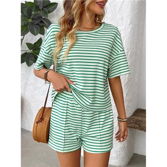 Striped Round Neck Short Sleeve Top and Shorts Set - Picture 1 of 16
